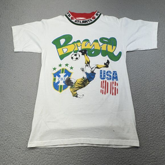 Vintage‎ Brazil Shirt Mens Medium White Soccer USA 96 Olympics Blokecore Atlanta - Picture 1 of 10